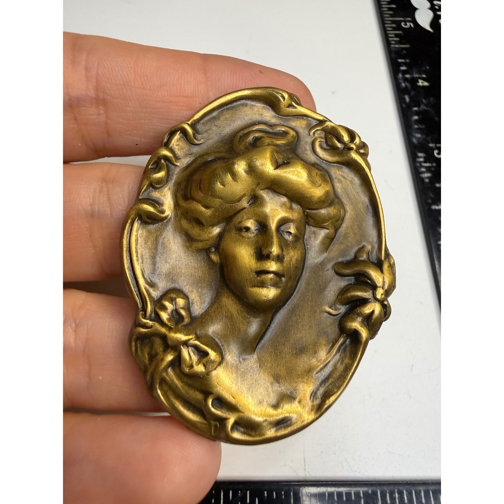 Art Nouveau Brass Gibson Girl Portrait Brooch Antiqued Gold Tone Relief Pin